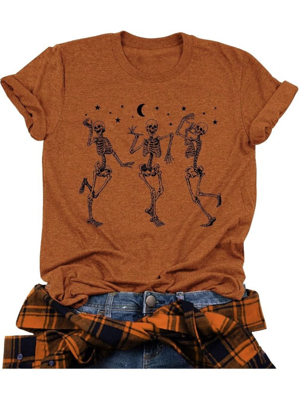 🆕 Women's Orange Dancing Skeleton Moon Halloween Graphic Tee Shirt